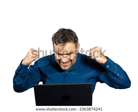 Businessman celebrating and looking at your laptop. Transparent background