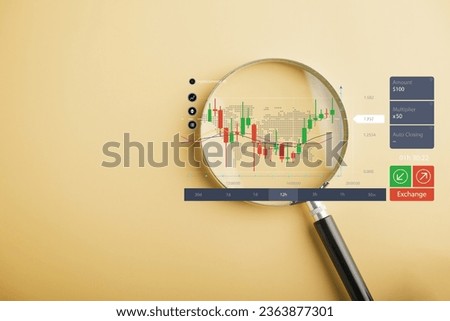 Unlocking future of business investments,trader holdsmagnifier glass to closely examine bar graph with increasing arrow, making informed decisions in stock market. Technical price graph and indicator Royalty-Free Stock Photo #2363877301
