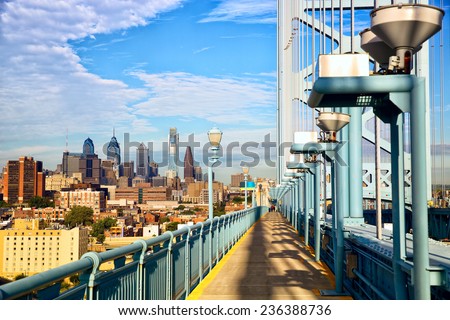 Philadelphia skyline and Ben Franklin Bridge walkway, USA