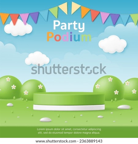 3D Vector kid party product display cylinder stand podium banner. Colorful flag, green grass garden with blue background for baby clothes toy store, online shop, birthday, fashion sale promotion post