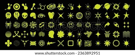 Y2k graphic icon set, retro futuristic space logo kit, brutalist acid groovy shapes collection. Planet symbol, modern 2000s cyber grid decoration clipart, 90s stars techno symbol. Y2k tattoo icon Royalty-Free Stock Photo #2363892951