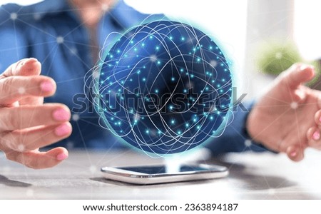 Smartphone with global network concept between hands of a woman in background