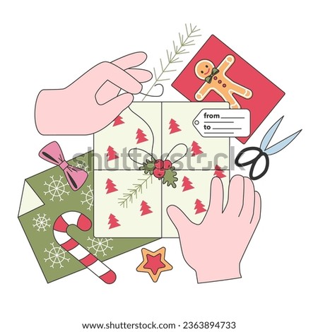 Festive tradition, hands wrapping presents with colorful paper and cards. Cute decorations. Character celebrate christmas and new year. Flat vector illustration