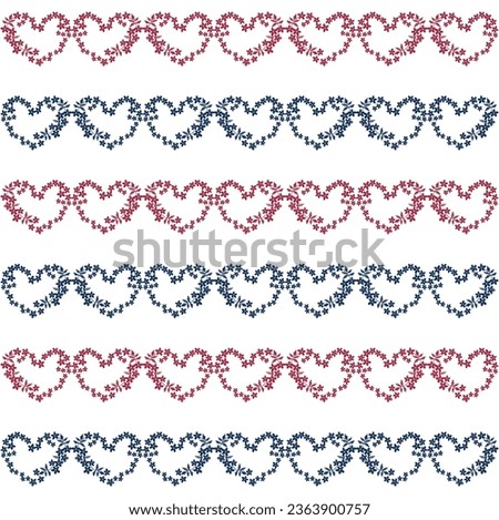 texture drawing vector embroidery of hearts and flowers marine red colors white background