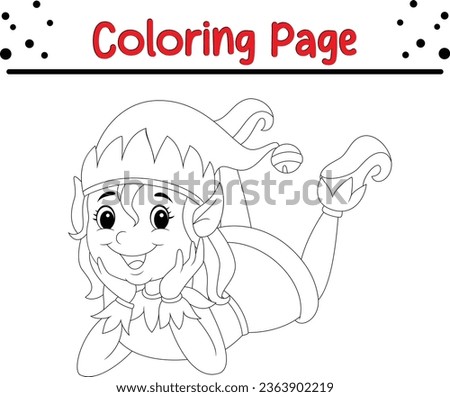 Happy Christmas elf coloring Page Outline for children. Christmas coloring book illustration isolated on white background.
