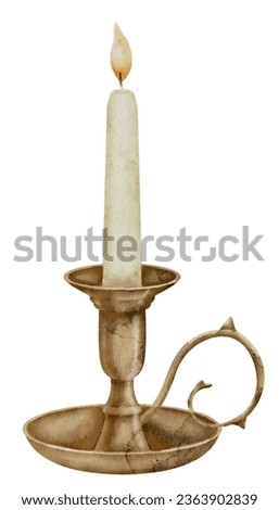 Candle Holder on white isolated background. Watercolor illustration of vintage Candlestick. Hand drawn clip art of old candleholder for cards and prints. Drawing of antique lamp with candlelight.