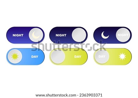 Set of Day and Night Switch Toggle Buttons with sun and moon pictograms on yellow and blue backgrounds. AM and PM slider interface vectors.  Royalty-Free Stock Photo #2363903371