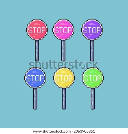 Pixel art sets of stop sign with variation color item asset. simple bits of street traffic stop sign on pixelated style 8bits perfect for game asset or design asset element for your game design asset