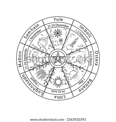 Wheel of the year in black and white. Pagan holidays of the year.  Royalty-Free Stock Photo #2363920393