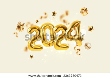 Happy new year 2024 golden balloons with gold confetti, gifts and mirror ball on a beige background. Luxury balloons 2024 Royalty-Free Stock Photo #2363930473