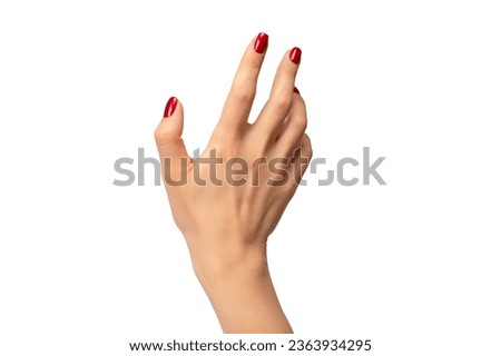 Woman hands with wine red color nails isolated on a white background. Red nail polish. Square nail form.  Royalty-Free Stock Photo #2363934295