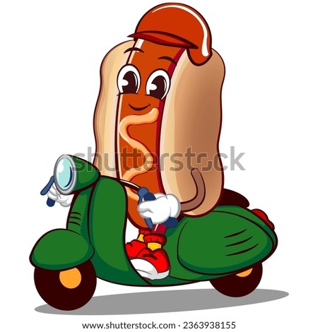 cute happy hot dog mascot riding a green scooter wearing a helmet. Isolated vector flat cartoon character illustration design