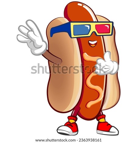 cute happy hot dog mascot wearing 3 dimensional glasses to see a movie with thumbs up. Isolated vector flat cartoon character illustration design