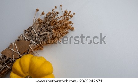 Picture of herbal incense made with herbs such as lavender and sage on a white background with a small ornamental pumpkin