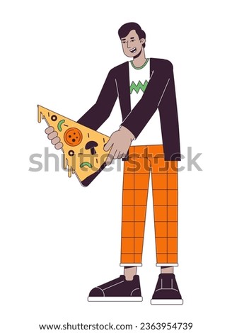 Happy man holding pizza slice flat line color vector character. Editable outline full body person on white. Online food ordering simple cartoon spot illustration for web graphic design