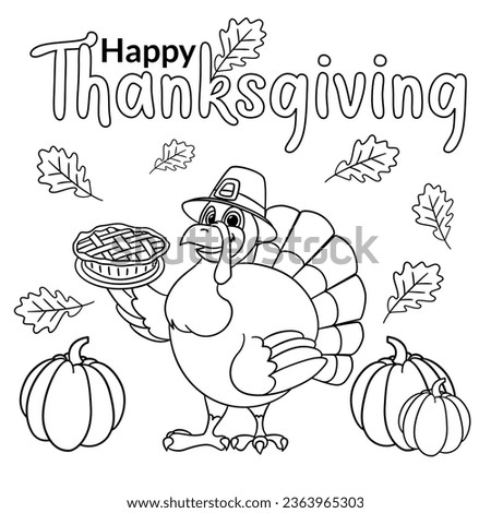 Cute cartoon turkey wearing a pilgrim hat wishes happy thanksgiving day outlined for coloring page on white background.