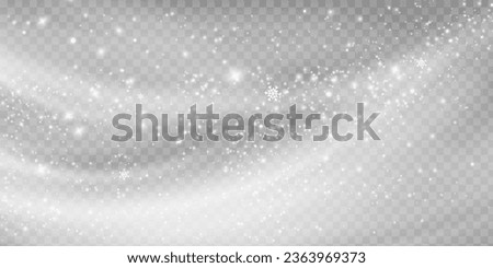 Realistic falling snow with snowflakes and clouds. Winter transparent background for Christmas or New Year card. Frost storm effect, snowfall, ice. Vector