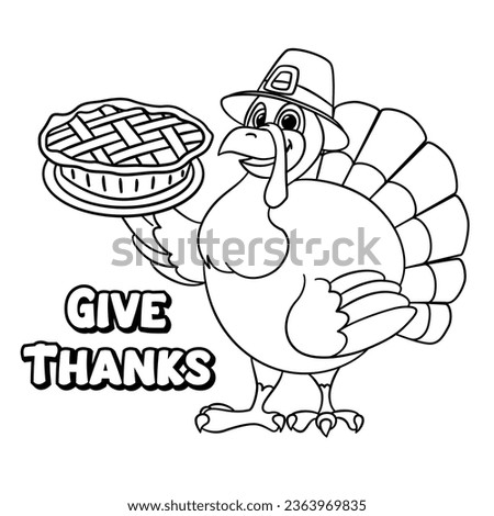 Cute cartoon turkey wearing a pilgrim hat wishes happy thanksgiving day outlined for coloring page on white background