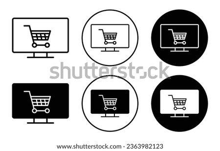 eCommerce cart icon. Online product shopping trolley cart symbol set. Computer or laptop screen with e basket to store vector sign. commerce store market for consumer line logo.