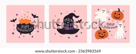 Happy Halloween. Set of cute vector cartoon cards with Halloween characters, ghost, bat, pumpkin, Witch hat and cauldron. Trendy design for ads, greetings, banner, poster, cover.