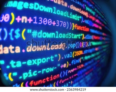 Screen of web developing code on dark background. Green fabric. Program source code on monitor screen. Programming code on black background. Abstract computer script  code. Computer interface