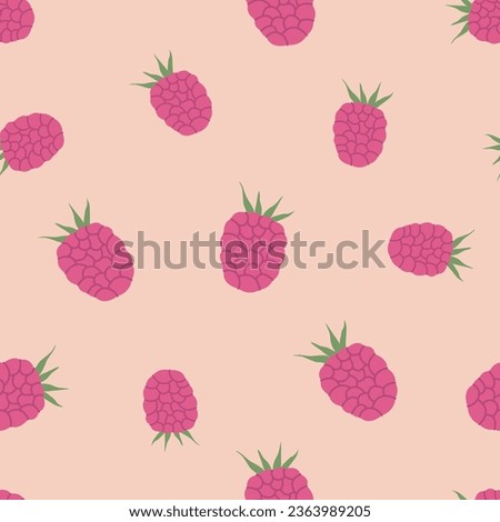 Flat vector cartoon seamless pattern with raspberry. Berry organic background. Fashionable pattern for design, printing, textiles on a pink background.