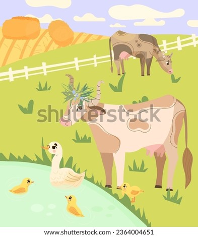 Rural landscape with a farmhouse, fields and meadows, cows, ducks, geese, goslings, lake, vector illustration