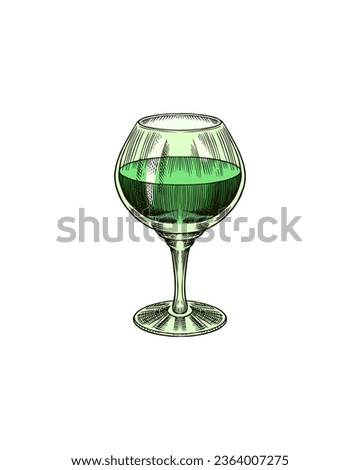 Glass shot of Absinthe. Glass with green drink. Label for retro poster. Engraved hand drawn vintage sketch. Woodcut style Royalty-Free Stock Photo #2364007275