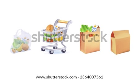 3D Shopping bags and baskets vector illustrations set. 3D Grocery purchases, paper and plastic packages, turtle bags with products. 3D Natural food, organic fruits, vegetable. Department store goods Royalty-Free Stock Photo #2364007561