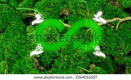Infinity symbol with environment icons, blur green moss background Endless circular economy in sustainable business concept and future environmental growth, future pollution reduction. green business 