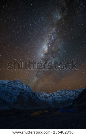Night shot of Annapurna base camp with milky way in background