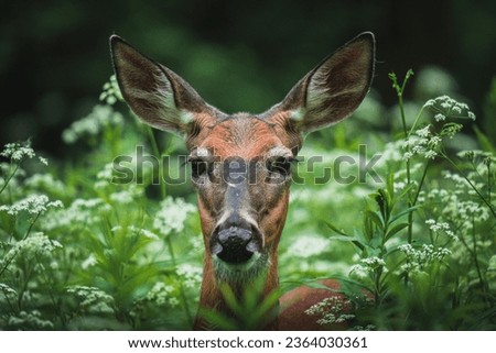 Beautiful picture taken by spring time. The deer is surrounded by green plants and small white flowers. The deer had a beauthiful posture for the photography