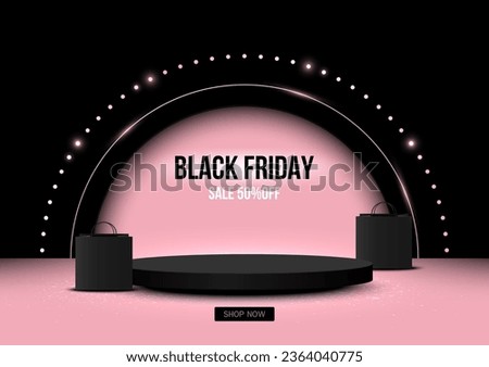 Black Friday Sale, Circle pedestal with Bag shopping on black and pink studio background. Stage empty for Product, Advertising, Show, Award. Vector illustration.
