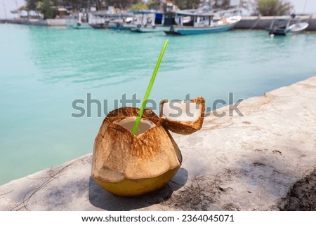 selective focus of fresh young coconut with ocean view background