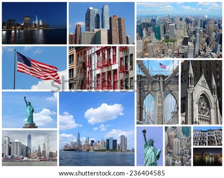 Travel image collage from New York City, United States. Collage includes major landmarks like Statue of Liberty, Manhattan skyline and Brooklyn Bridge.