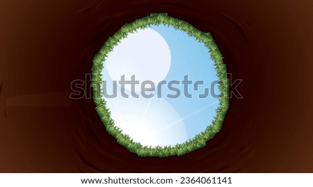 A vector cartoon illustration of a golf ball looking up through a hole towards the sky