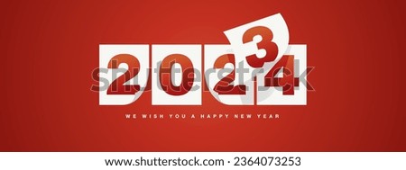 Happy New Year 2024 greeting card design template on red background. New Year 2024 start concept. Calendar pages turn in the wind and the new year begins Royalty-Free Stock Photo #2364073253