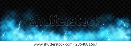Realistic thunder light and blue smoke cloud bottom frame. Mysterious lightning glow border wide panoramic element. Fluffy magic spell mist glowing with bolt energy charge overlay turquoise design Royalty-Free Stock Photo #2364081667