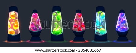 Isolated retro lava lamp vector neon light graphic set. Psychedelic magma luminous illustration with pink, green, red and purple shining float bubbles. Colorful glass bottle clipart design collection Royalty-Free Stock Photo #2364081669