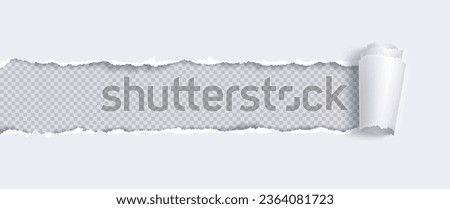 Paper banner with torn hole and rolled edge. Realistic vector illustration of ripped and folded strip or piece of notepad or cardboard page sheet with frame for text. Broken scrap with curled fragment Royalty-Free Stock Photo #2364081723
