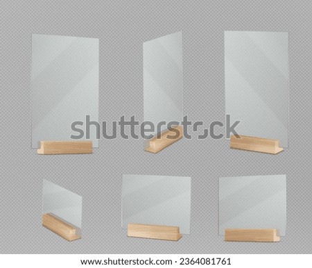 Set of 3D grass trophies on wooden base isolated on transparent background. Vector realistic illustration of square and rectangular acrylic award mockups, front and side view, restaurant menu design Royalty-Free Stock Photo #2364081761