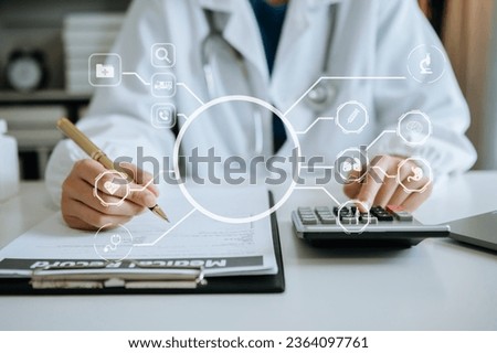 Medicine doctor using digital tablet and smartphone diagnose virtual electronic medical record on interface.Digital healthcare and network on virtual medical technology 

