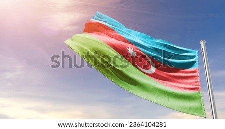 Azerbaijan national flag waving in beautiful sky. The flag waving with dynamic angle. Royalty-Free Stock Photo #2364104281
