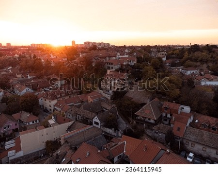 Drone view of sunset above Zemum district, Belgrade, Serbia, Europe.