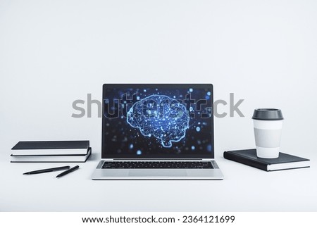 Creative artificial Intelligence concept with human brain hologram on modern laptop screen. 3D Rendering Royalty-Free Stock Photo #2364121699
