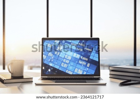 Stats data illustration on modern laptop monitor, computing and analytics concept. 3D Rendering