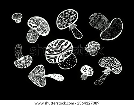 Set of different mushrooms in doodle style. White on a black background. Mushrooms of different shapes and sizes. All have different ornaments. Strokes, waves, lines and dots.