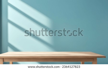 Wooden table and sunlit wall, product mockup background template Royalty-Free Stock Photo #2364127823