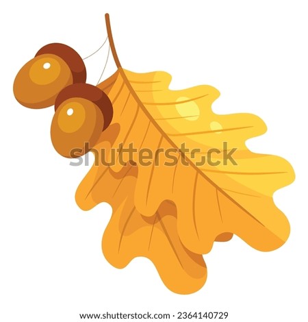Acorn with yellow dry leaves autumn botanical oak seasonal plant vector flat illustration. Natural fall dried tree branch brown nut with foliage organic floral environment growth decorative element
