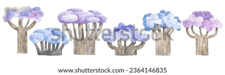 clip art with fairy tree with blue snowy crown and bushes. Cute childhood isolated elements. Fairy tail illustration